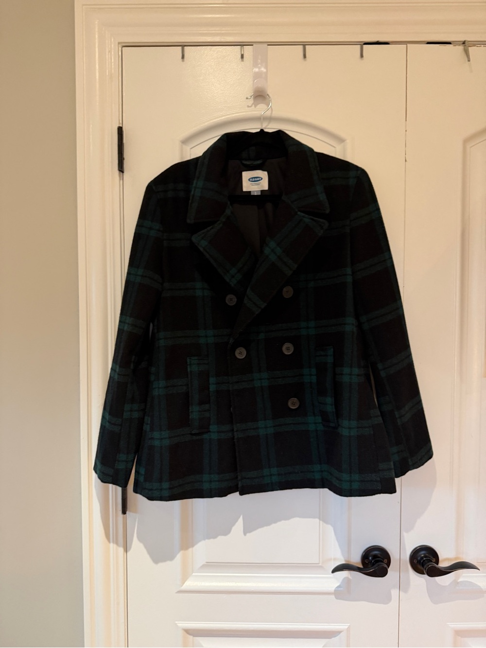 Old Navy Black and Green Plaid Peacoat